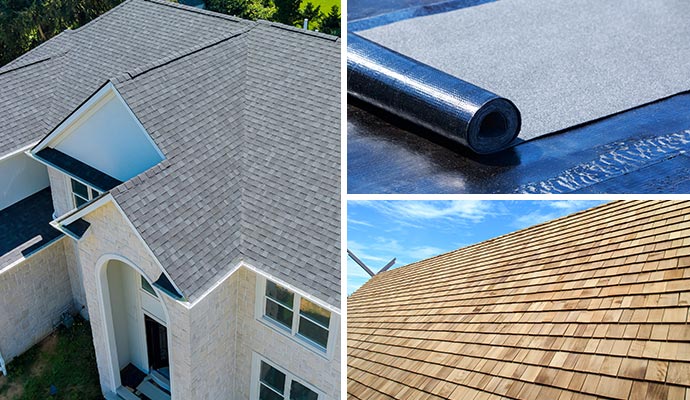 Collage of asphalt shingles, roll roofing and wooden shingles roof