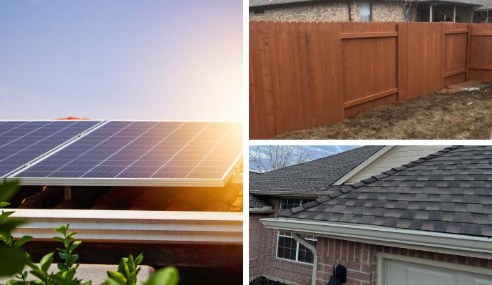Collage showcasing solar panel, gutter, and fence installation services