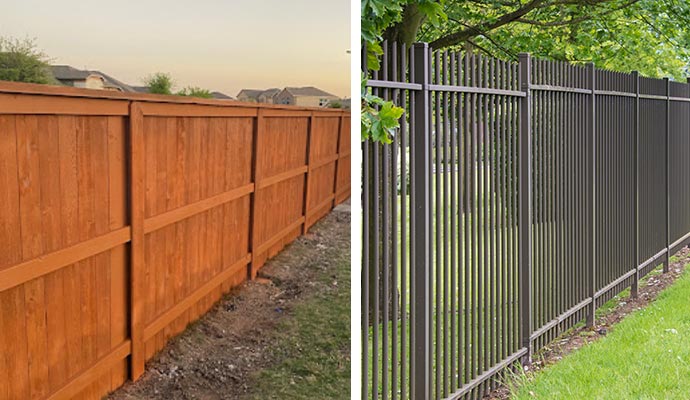 collage of wooden and iron fence