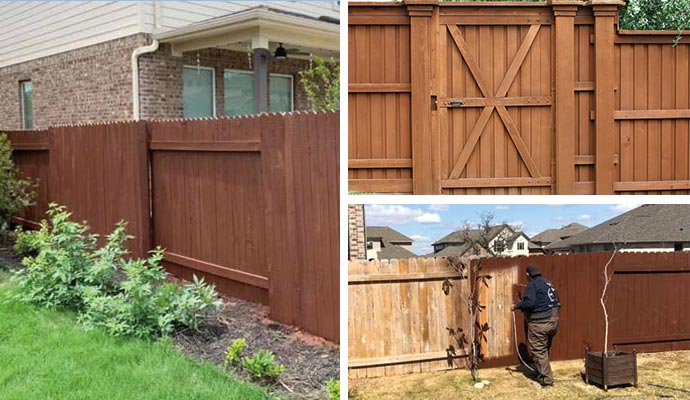 Collage of backyard privacy fence, a wooden gate and a person repairing fence