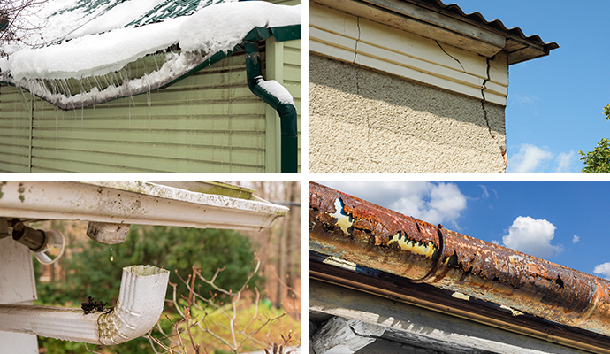 Collage showing various types of gutter damage including rust, cracks, and sagging