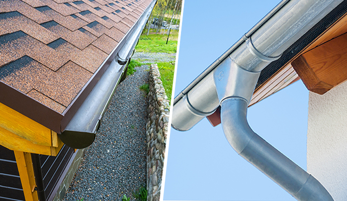 Collage of seamless and specialty gutters installed on residential homes
