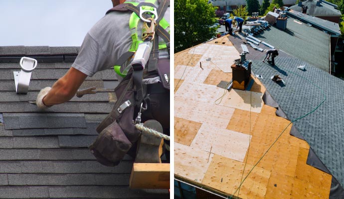 Collage of roof repair and roof replacement
